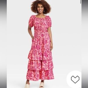 Knox Rose, XXL, Pink Ikat Puff Sleeve Smock Waist Tiered Ruffle Maxi Drexx